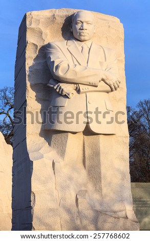 WASHINGTON, DC - FEBRUARY 2, 2014:  The memorial statue in honor of Martin Luther King is a major tourist attraction in the District of Columbia.