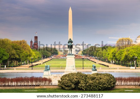 The long view of the National Mall from the US Capitol Building toward the Ulysses S Grant Memorial and  the Washington Monument in the District of Columbia.