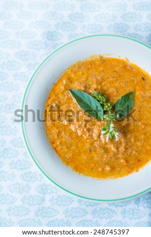 Puree made from coconut milk, fish mixture,Basil leaf. It forms a kind of food Thailand.