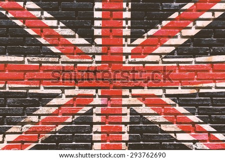 Old brick wall paint color copy British flag for texture background and black drop.Used film filter for vintage  tone.