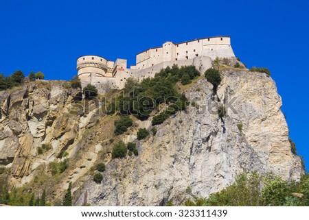 The famous renaissance fortress of San Leo, Italy, with landscape.