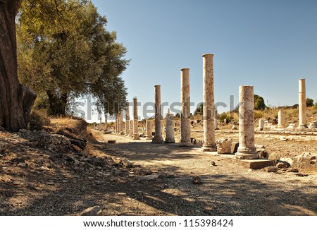 On of the colonnaded streets from ancient times amongst the ruins of ancient Side, Turkey.