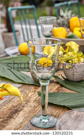 Image of a rustic table setting for a garden dinner party.