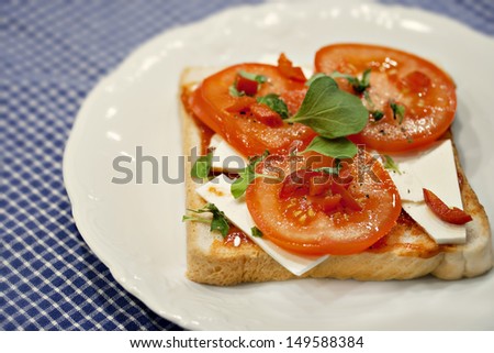 Image of fresh organic sandwich with tomato, feta cheese and oregano on white bread.