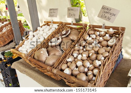 Image of a selection of mushrooms for sale at farmers market.