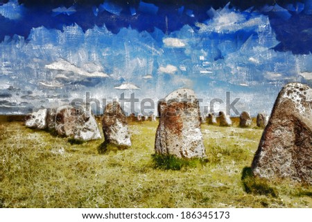Painting of the famous south sweden standing stones, Ales stenar.