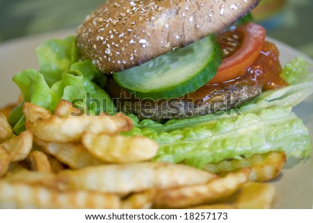 yummy burger and chips dinner with tomato, lettuce and cucumber