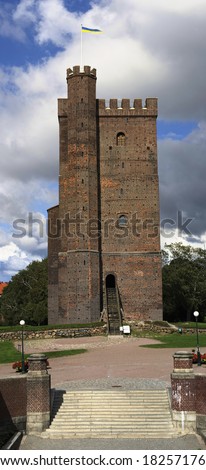 panorama of a historical brick tower in Helsingborg, Sweden