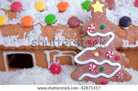Spotlit gingerbread house with candy and snow