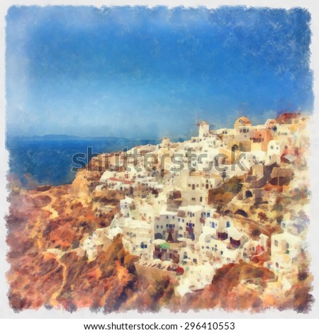 Digital watercolour painting of the village of Oia. Santorini, Greece.