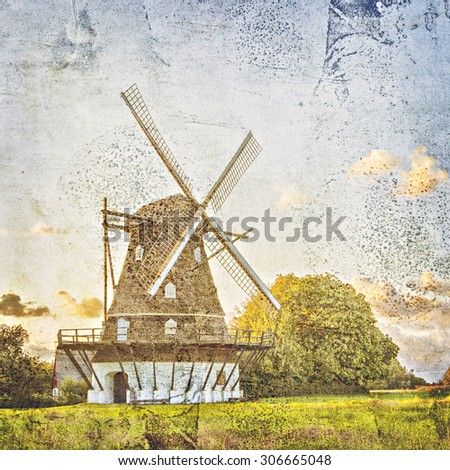 Vintage print styled image of old windmill.