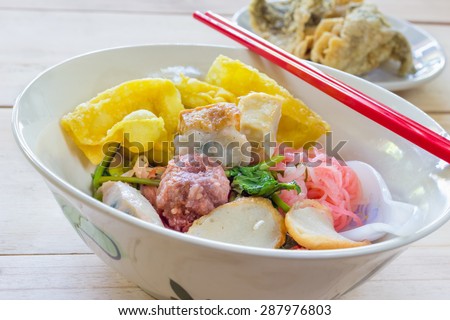Noodles with meat ball and red sauce or yong tau foo,Thai Noodle