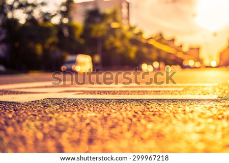 Sunny day in a city, view of the approaching cars to the road level. Image in the orange-purple toning