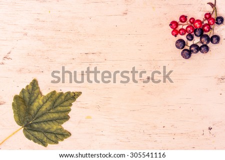 Red currants and black currants with leaf on old wooden table. Image in the orange-purple toning
