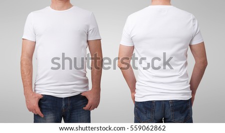 Shirt design and people concept - close up of man in blank white t-shirt front and rear isolated. Clean empty mock up template for design set.