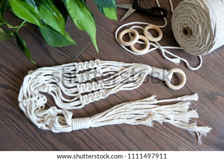 A Hand-Made Macrame Plant Hanger with Wooden Rings in a Beautiful Background Setting the  Mood for Creativity.