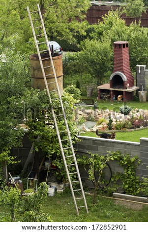 Backyard with ladder, brick constructions and green, natural background