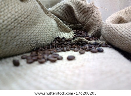 Coffee beans in a cotton bag