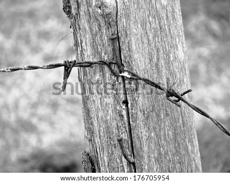 Wooden fence made of wooden sticks and  barbed wire. Black and white various textures