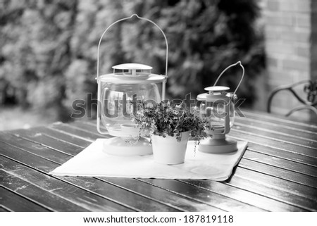 Black and white, moody ornamental arrangement with plant with blue flowers and lamps on a wooden table with metallic chairs and brick and green texture in the background