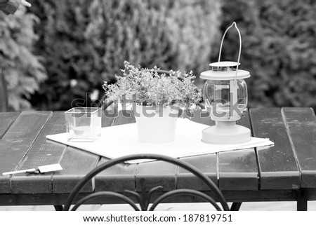 Black and white, moody ornamental arrangement with lamp, plant with blue flowers and candle  with natural, green texture in the background
