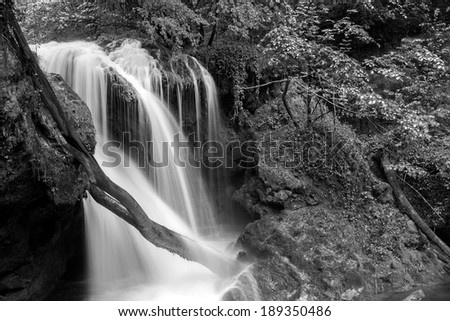 Black and white waterfall landscape from eastern Romania, called Vaioaga