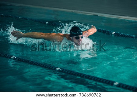 An athletic man swimming fast towards the end of the pool.