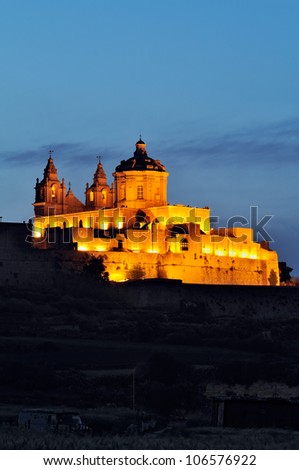 Night shot of Mdina, also known as the silent city and Malta\'s former capital city, Malta.