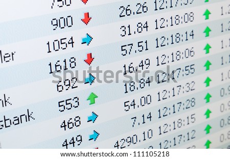 Close-up of stock market values on LCD screen