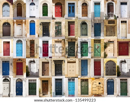 A photo collage of 50 colourful front doors to houses from Malta.