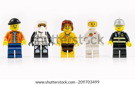 Muenster Germany June 18th 2014 A group of five various lego mini characters isolated on white Lego is a popular line of construction toys manufactured by the Lego Group Muenster Germany June 18th 2014 A group of five various lego mini characters isolated on white Lego is a popular line of construction toys manufactured by the Lego Group