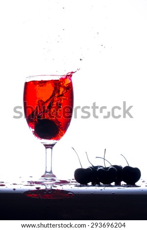 Glass of cherry juice isolated on white, Cherry juice splash