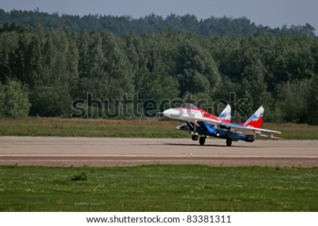 ZHUKOVSKY, RUSSIA - AUGUST 16: The MIG-29 performs at the International Aviation and Space salon MAKS on August, 16, 2011 in Zhukovsky, Russia.