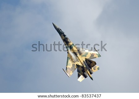 ZHUKOVSKY, RUSSIA - AUG 16: Su-35 airshow at International aviation and space salon MAKS 2011 on August 16, 2011 in Zhukovsky, Russia