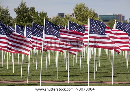 View of a patriotic display of many United States flags.