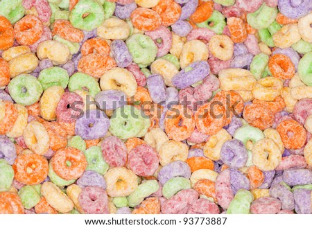 Closeup of colorful fruity cereal. Background of texture, color and pattern