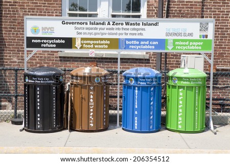 New York City, United States- July 10, 2014: Waste management and recycle station on Governor\'s Island. The Island is a \