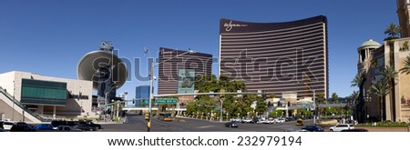 Las Vegas, Nevada, USA - Sept. 22, 2014: A panoramic view along Las Vegas Blvd showing Las Vegas Fashion Show Mall and many of the famous landmark casinos in Las Vegas, Nevada, USA on Sept. 22, 2014
