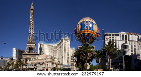 Las Vegas, Nevada, USA - Sept. 22, 2014: The famous Las Vegas Strip in front of Paris Casino. Picture shows the Paris balloon and the Eiffel Tower replica in Las Vegas, Nevada, USA on Sept. 22, 2014