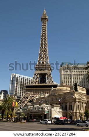 Las Vegas, Nevada, USA - Sept 22, 2014: The famous Eiffel Tower replica in front of the Paris Hotel and Casino, located in the middle of \