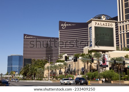 Las Vegas, Nevada, USA - Sept. 22, 2014: The famous Las Vegas Strip with Palazzo, Wynn and Encore Casinos and resort hotels which are located in the center of \