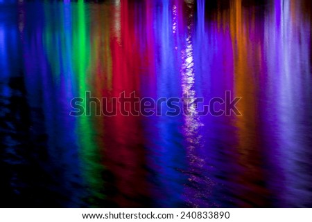 Color light abstract of Christmas lights reflecting in water of a lake