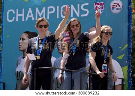 New York City, New York, USA - July 10, 2015: FIFA World Cup Champions US Women National Soccer Team ticker-tape parade in downtown New York City,  New York, on July 10, 2015