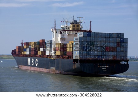 New York City, New York, USA - July 10, 2015: The stern of a cargo ship \