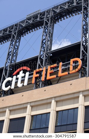 Queens, New York, USA - July 11, 2015: The Citi Field sign also known as Mets Baseball Stadium in Flushing Meadowsâ??Corona Park in Queens (New York City), NY on July 11, 2015