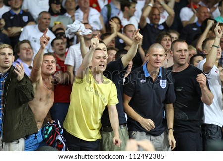 KYIV, UKRAINE - JUNE 15: English fans react after England beat of Sweden during their UEFA EURO 2012 game at NSC Olympic stadium on June 15, 2012 in Kyiv, Ukraine