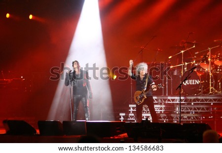 KYIV, UKRAINE - JUNE 30: Queen with Adam Lambert perform onstage during charity Anti-AIDS concert at the Independence Square on June 30, 2012 in Kyiv, Ukraine