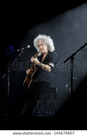 KYIV, UKRAINE - JUNE 30: Brian May of Queen performs onstage during charity Anti-AIDS concert at the Independence Square on June 30, 2012 in Kyiv, Ukraine
