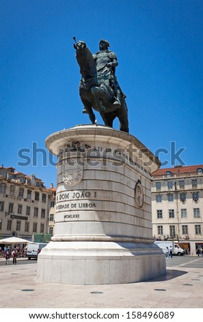 Equestrian bronze statue of Dom Joao I, also known as John I of Portugal, located in Figueira Square in Lisbon, Portugal