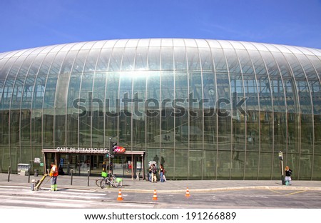 STRASBOURG, FRANCE - MAY 6, 2013: Gare de Strasbourg, the main railway station of Strasbourg city, Alsace region, France. Facade of original building under the modern glass canopy